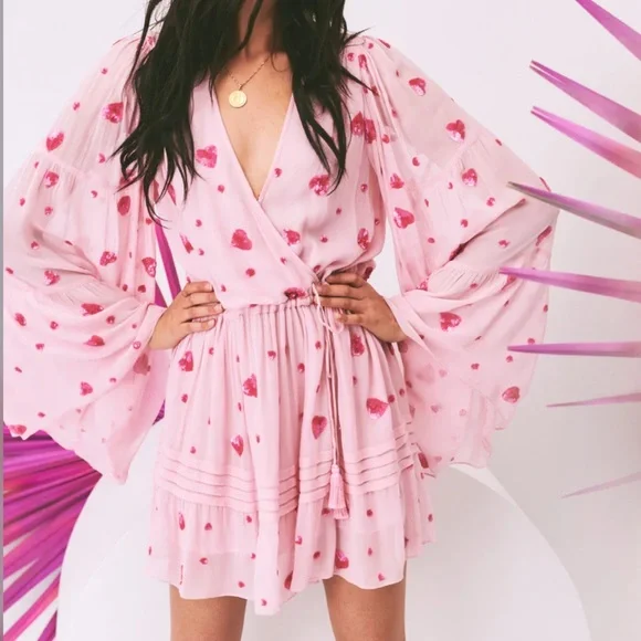 Free People | Dresses | Rococo Sand Tala Sequin Embellished Hearts Bell  Sleeve Wrap Mini Dress M | Poshmark